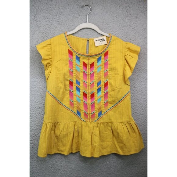 Savannah Jane Tops - Savanna Jane Ruffle Cap Sleeve Embroidered Top-Medium-Boho